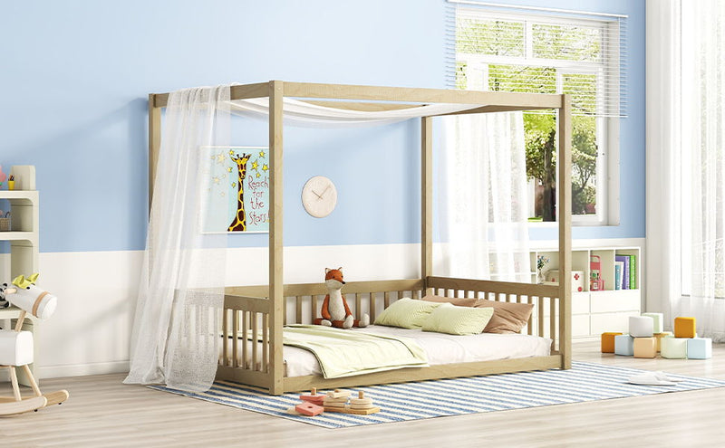 Canopy Frame Floor Bed With Fence, Guardrails