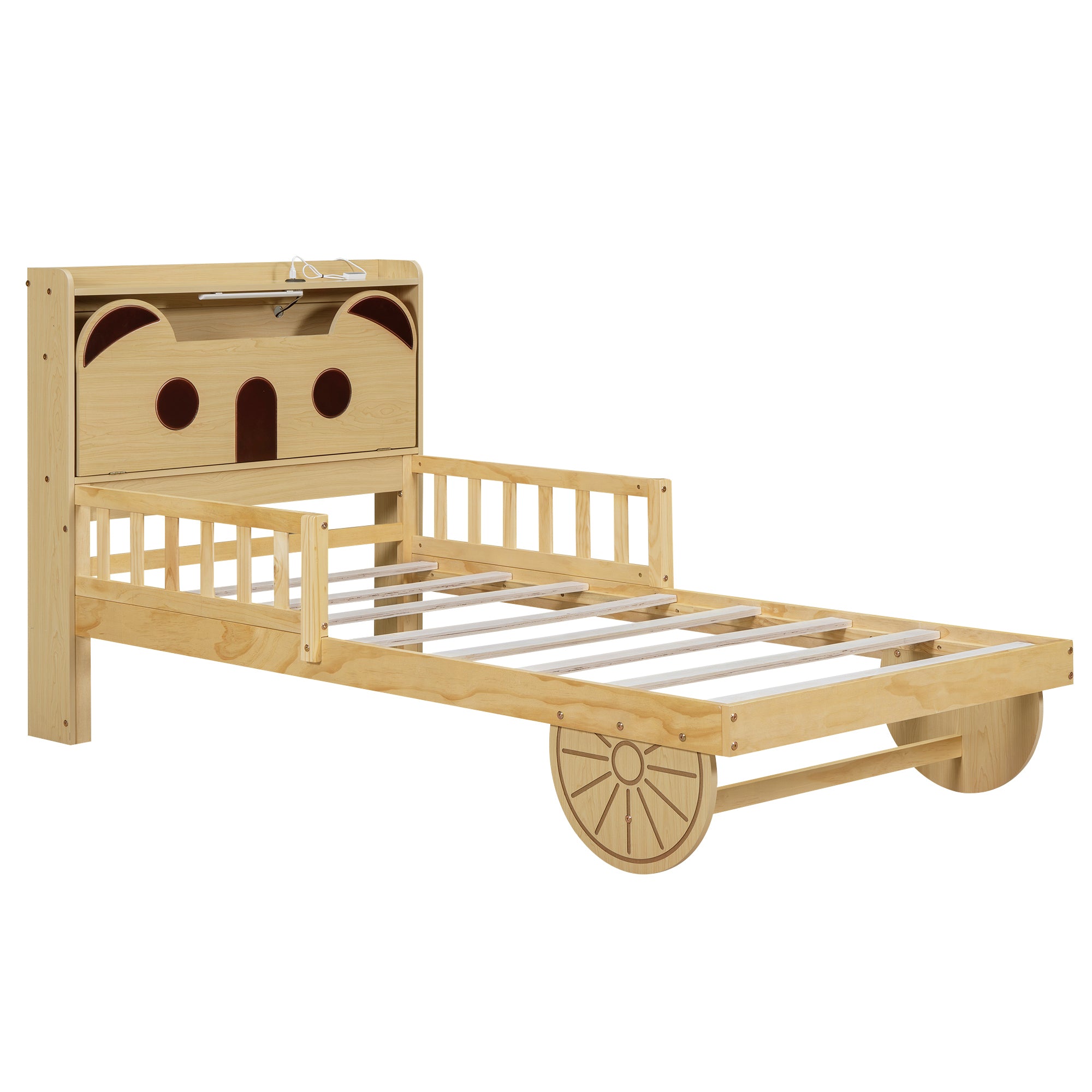Twin Size Car Bed with Bear-Shaped Headboard, USB and LED, Natural - Atlantic Fine Furniture Melbourne FL