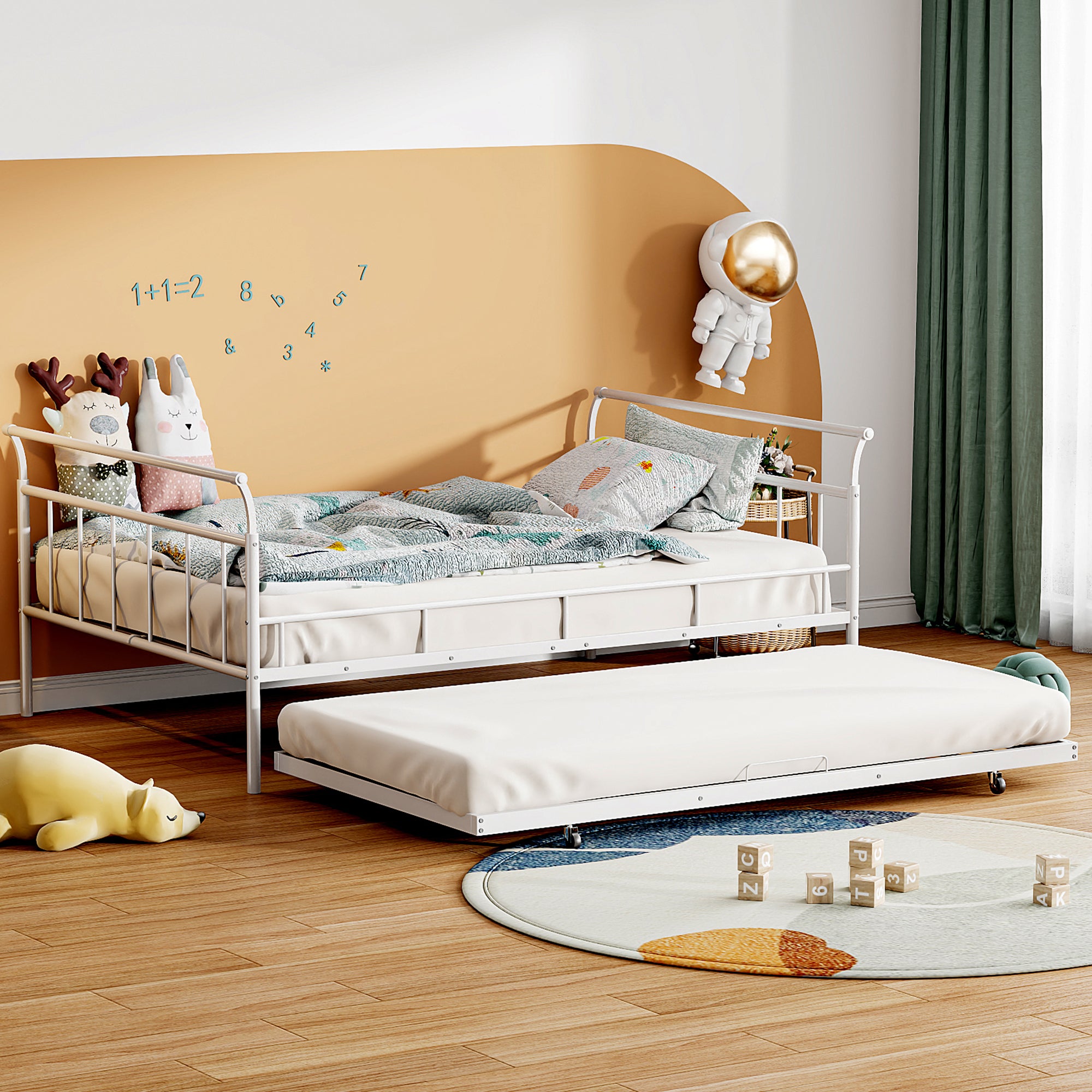 Full Size Metal Daybed with Curved Handle Design and Twin Size Trundle, White - Atlantic Fine Furniture Melbourne FL