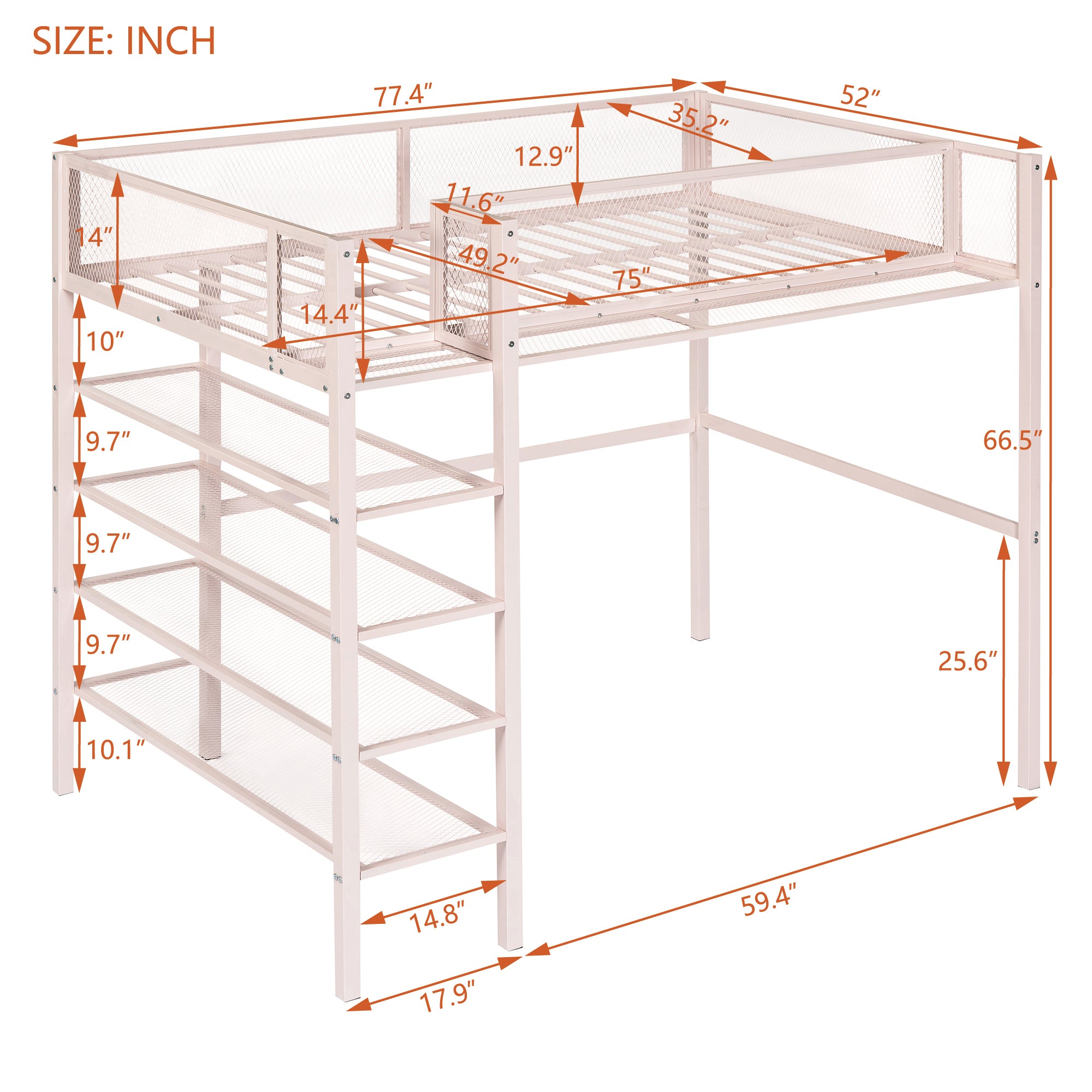 Twin Size Metal Loft Bed with 4-Tier Shelves and Storage, Pink - Atlantic Fine Furniture Melbourne FL