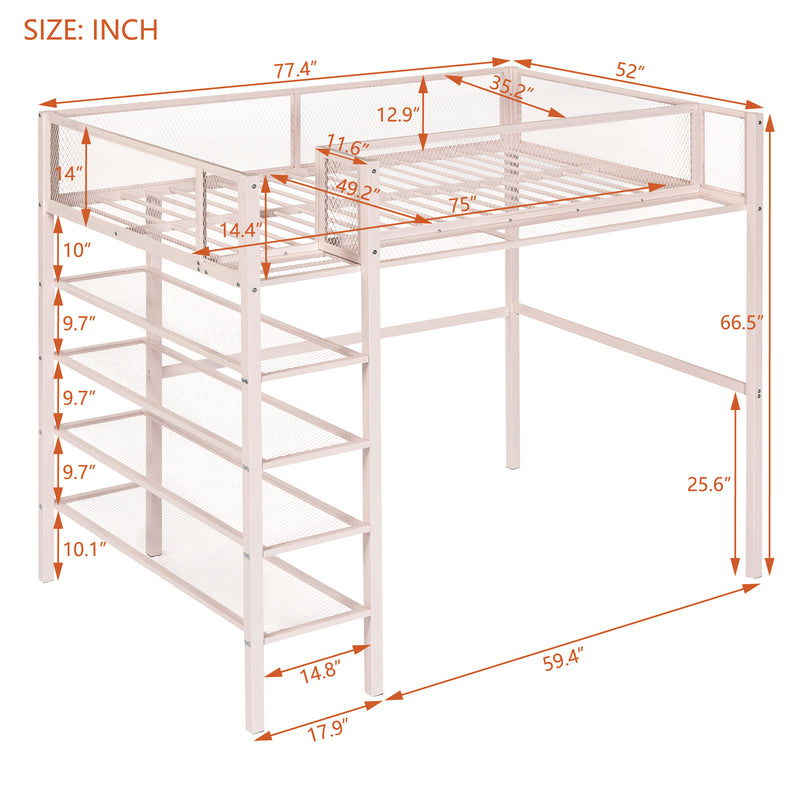 Twin Size Metal Loft Bed with 4-Tier Shelves and Storage, Pink