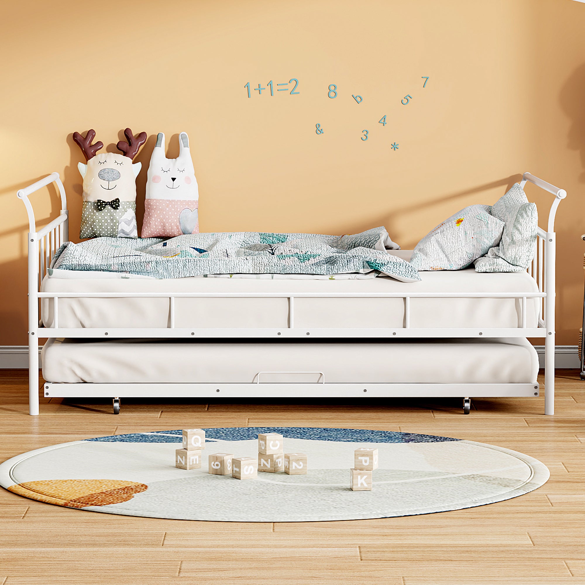 Full Size Metal Daybed with Curved Handle Design and Twin Size Trundle, White - Atlantic Fine Furniture Melbourne FL