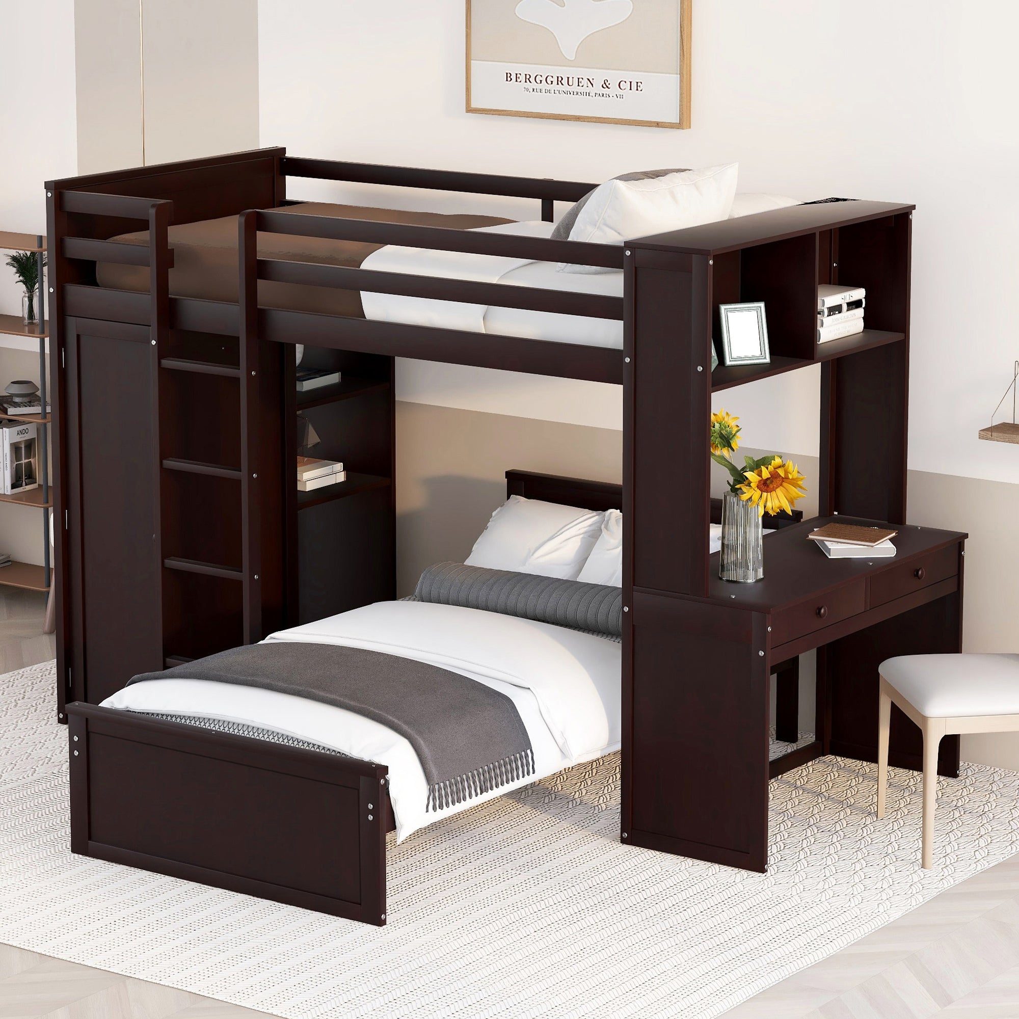 Twin size Loft Bed with a Stand-alone bed, Shelves,Desk,and Wardrobe-Espresso - Atlantic Fine Furniture Melbourne FL