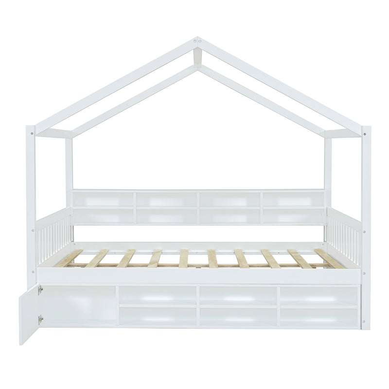 Full Size Wooden House Bed with Shelves and a Mini-cabinet, White
