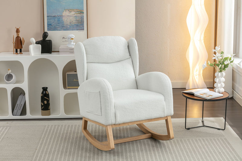 Teddy Fabric Rocking Chair With Packet Wood Legs - Ivory