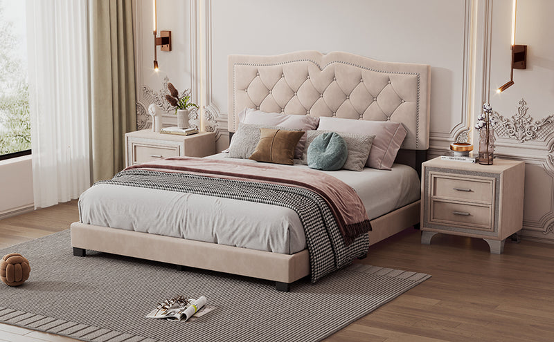 Queen Size Upholstered Bed Frame with Rivet Design, Modern Velvet Platform Bed with Tufted Headboard,Beige