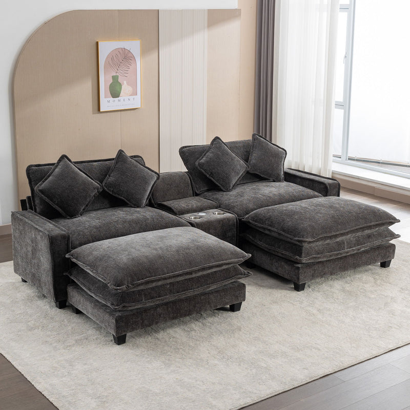 Sectional Sofa Chenille Upholstered Sofa With Two Removable Ottoman, Two USB Ports, Two Cup Holders And Large Storage Box For Living Room