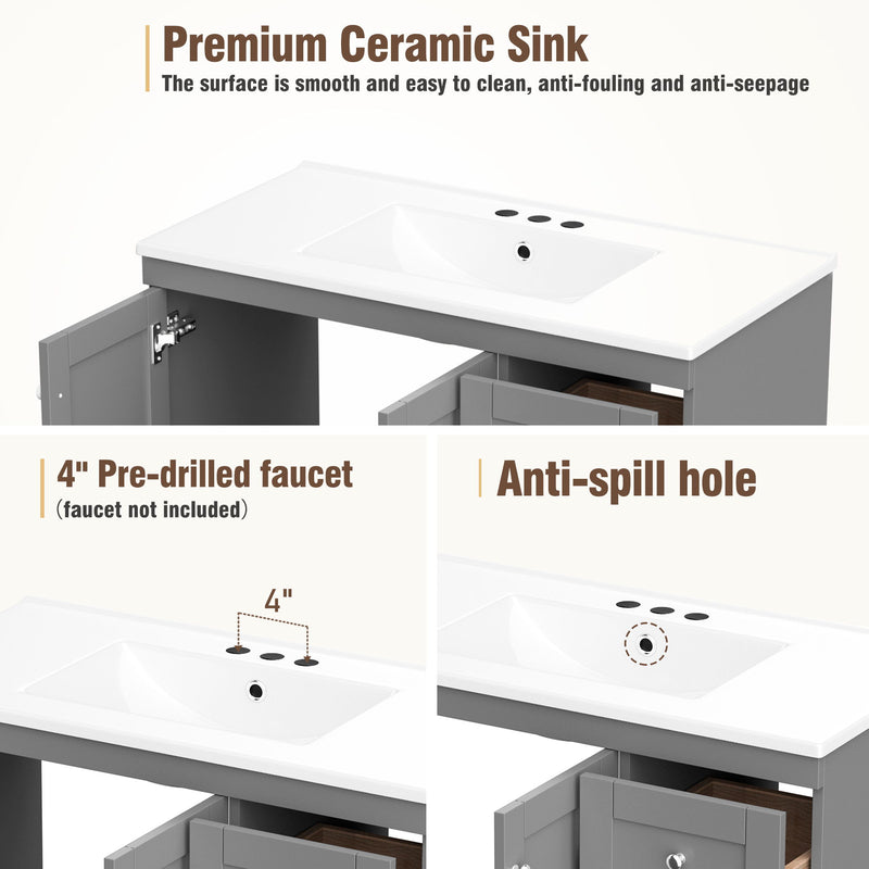36" Shaker Free Standing Bathroom Vanity Cabinet With Sink, Soft Close Drawers, Soft Close Doors - Gray