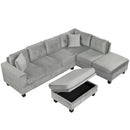 Modern Sectional Sofa With Storage Ottoman, L - Shape Couch With 2 Pillows And Cup Holders