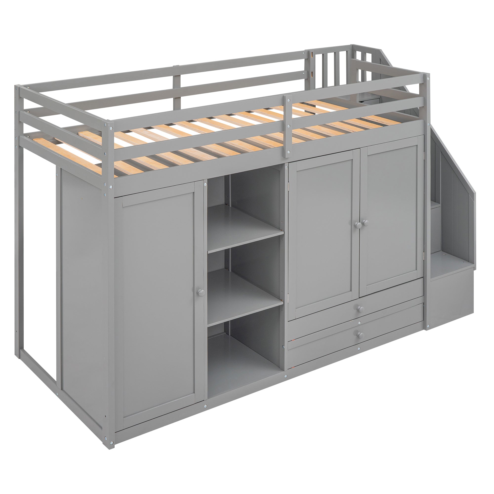 Functional Loft Bed with 3 Shelves, 2 Wardrobes and 2 Drawers,  Ladder with Storage, No Box Spring Needed, Gray - Atlantic Fine Furniture Melbourne FL