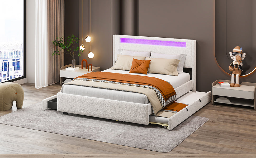 Queen Size Upholstered Platform Bed with LED Frame, with Twin  XL Size Trundle and 2 drawers, Teddy Fleece, White - Atlantic Fine Furniture Melbourne FL