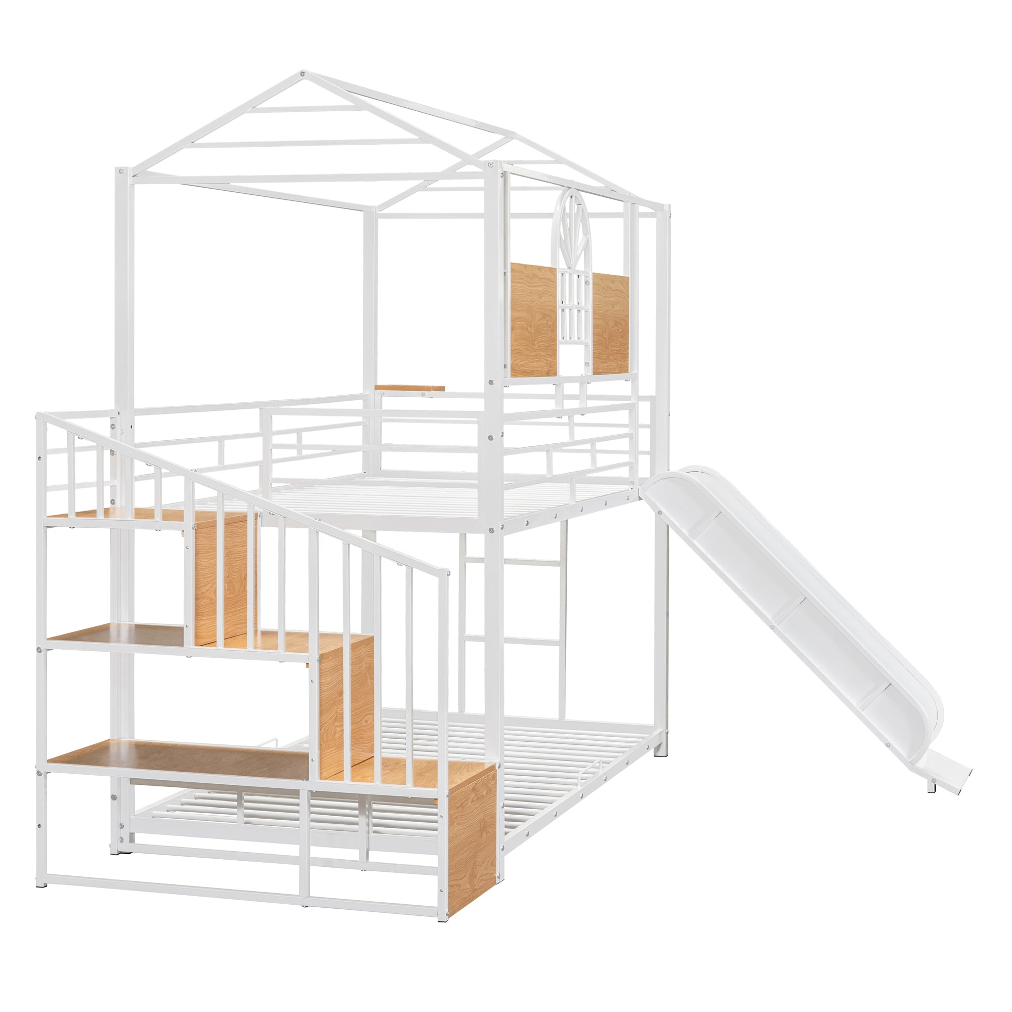 Twin Over Twin Metal Bunk Bed, Metal Housebed with Slide and Storage Stair, White with White Slide - Atlantic Fine Furniture Melbourne FL
