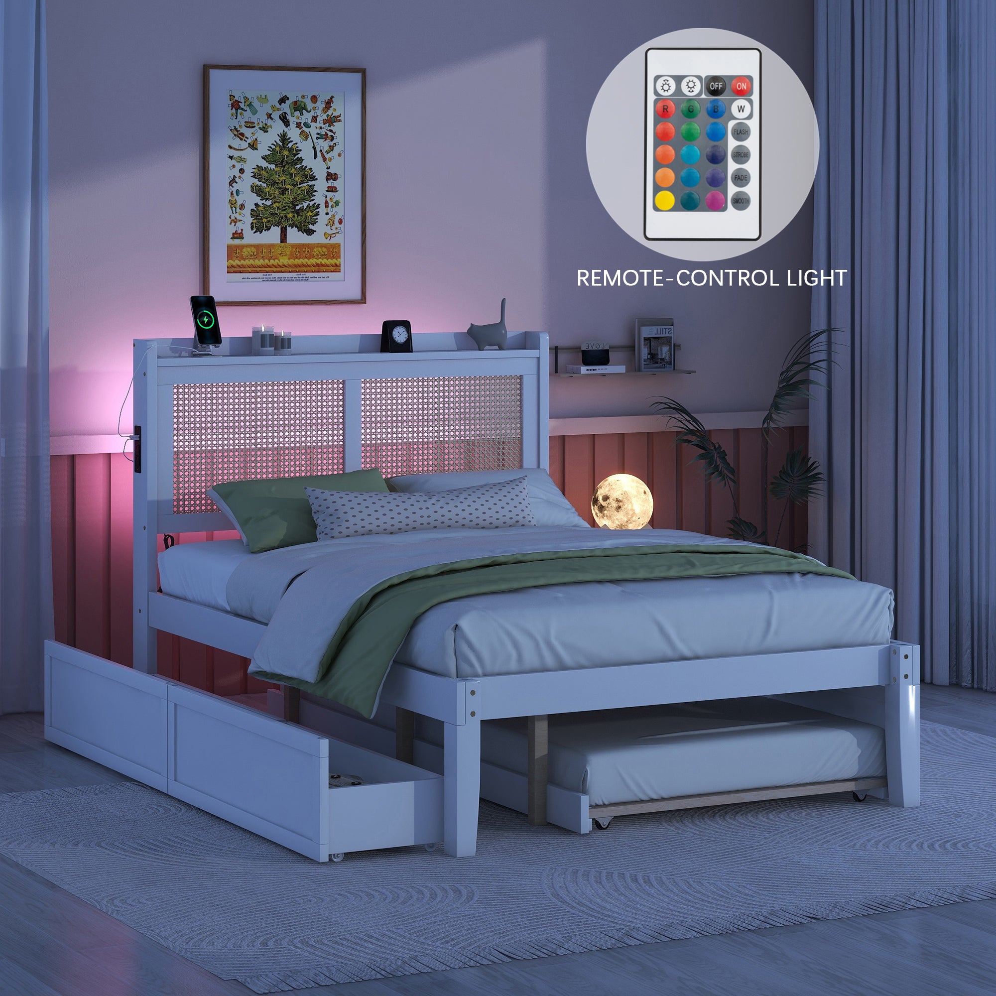 Full Size Elegant Bed Frame with Rattan Headboard and Sockets ,White - Atlantic Fine Furniture Melbourne FL