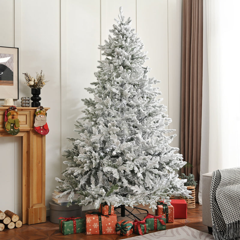 7Ft Snow Flocked Hinged Artificial Christmas Tree With Fluffy Branches And Snow Tips - White
