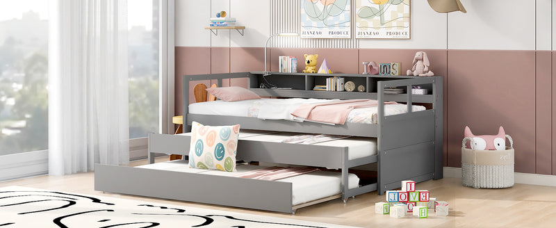 Twin XL Wood Daybed with 2 Trundles, 3 Storage Cubbies, 1 Light for Free and USB Charging Design, Gray