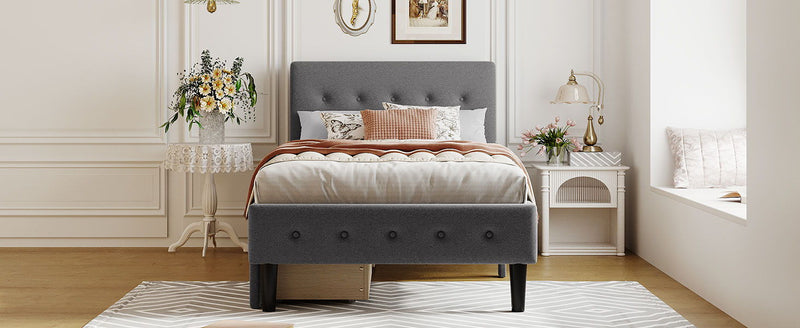 Twin Size Upholstered Platform Bed With 2 Drawers - Gray