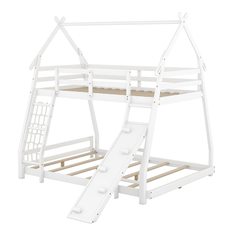 Twin Over Queen House Bunk Bed With Climbing Nets And Climbing Ramp