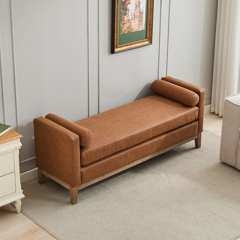 Elegant Upholstered Bench, Daybed, Ottoman With Wood Legs & 2 Bolster Pillows For End Of Bed, Bedroom, Living Room, Entryway