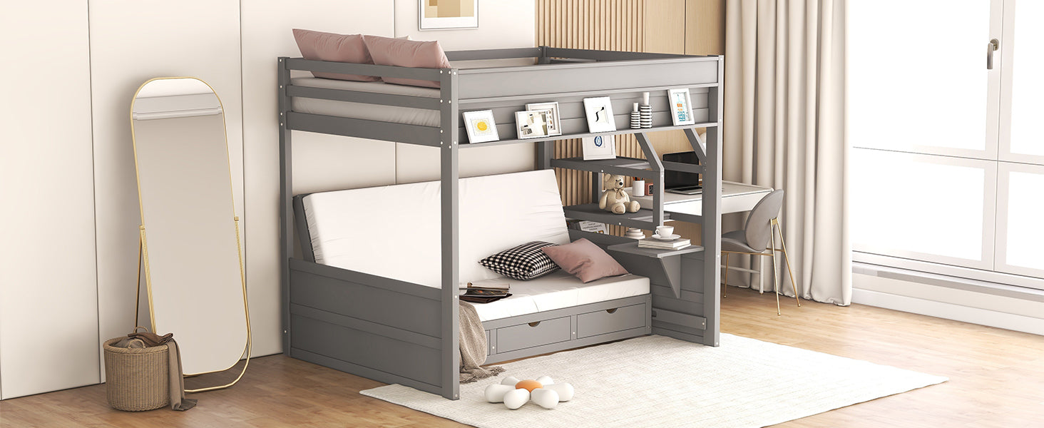Wood Full Size Convertible Bunk Bed with Storage Staircase, Bedside Table, and 3 Drawers, Gray - Atlantic Fine Furniture Melbourne FL