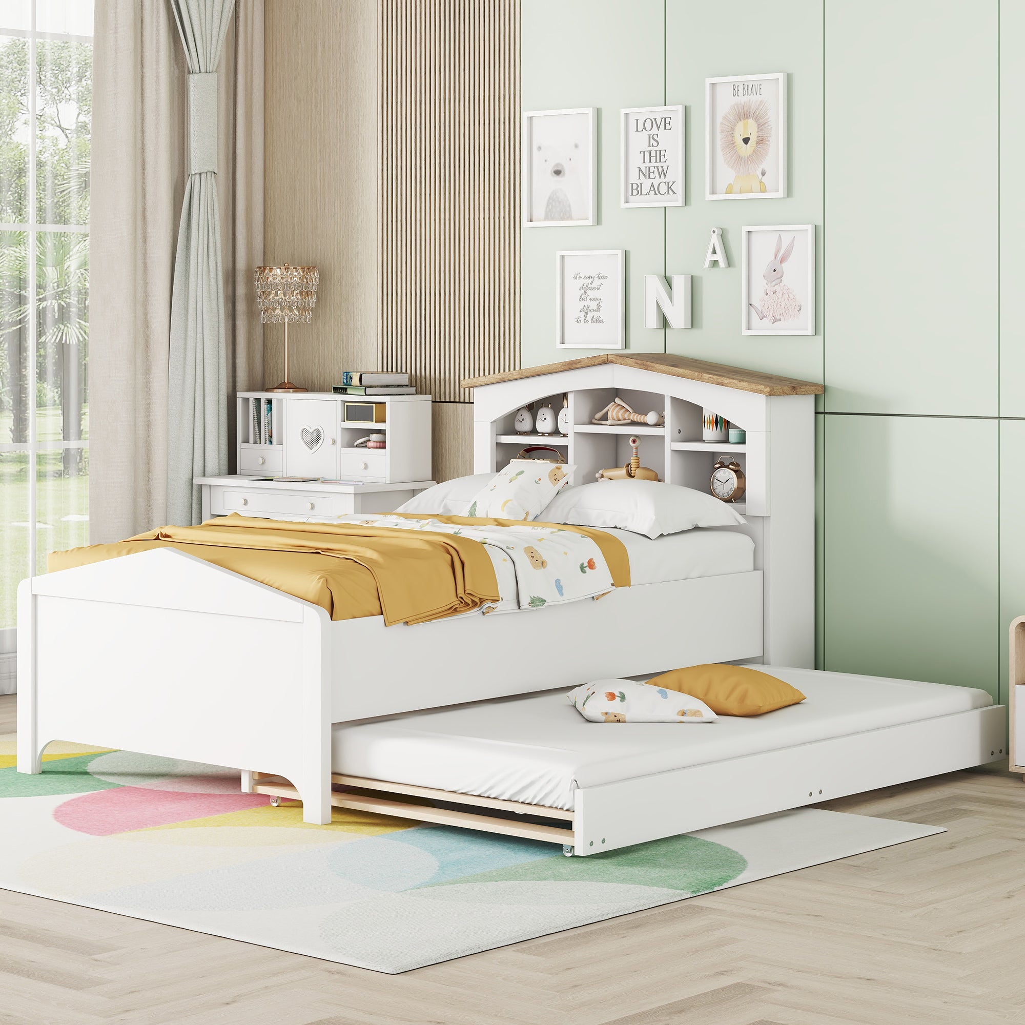 Twin Size Wood Platform Bed with House-shaped Storage Headboard and Trundle, White - Atlantic Fine Furniture Melbourne FL