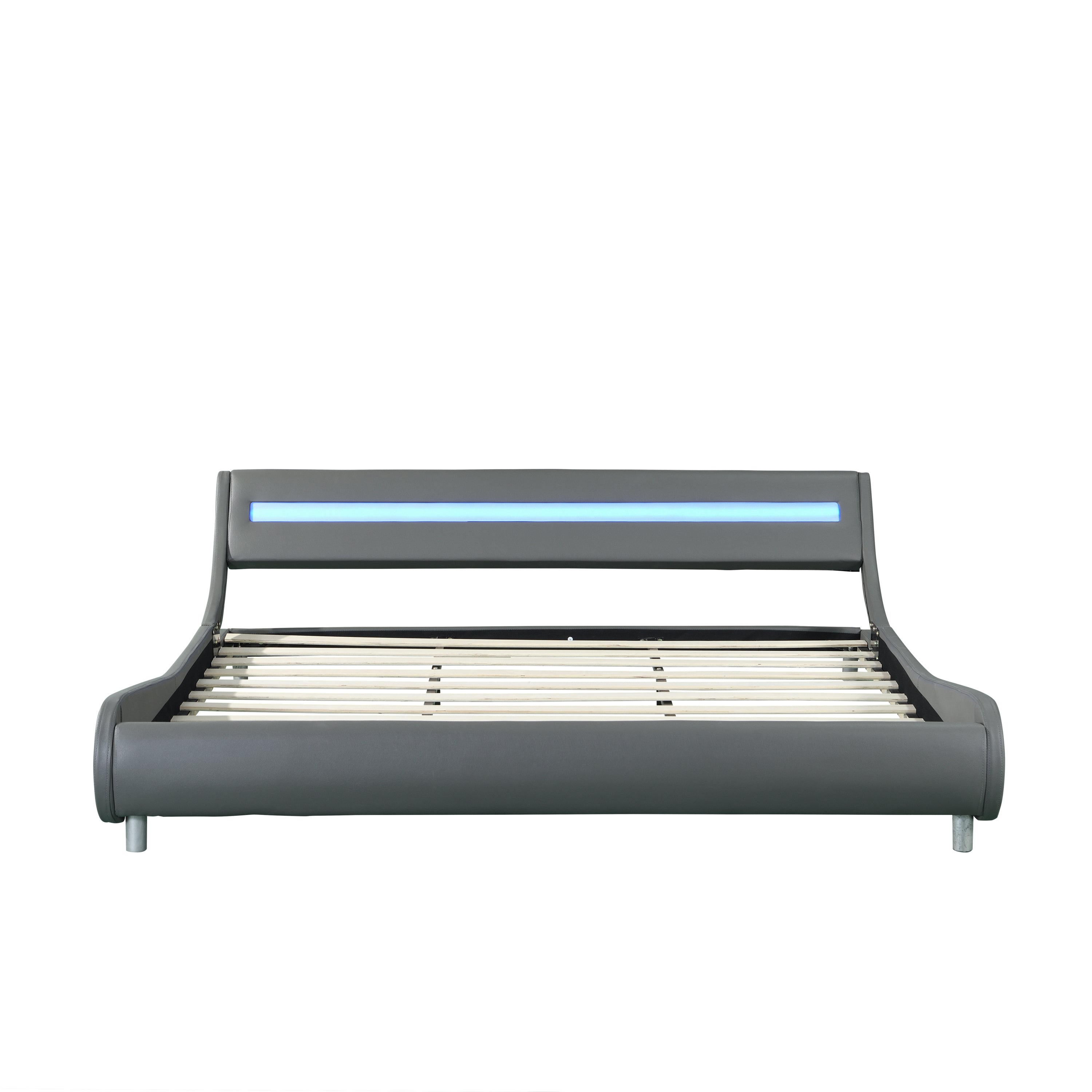 Faux Leather Upholstered Platform Bed Frame with led lighting , Curve Design, Wood Slat Support, No Box Spring Needed, Easy Assemble, King Size, Gray - Atlantic Fine Furniture Melbourne FL