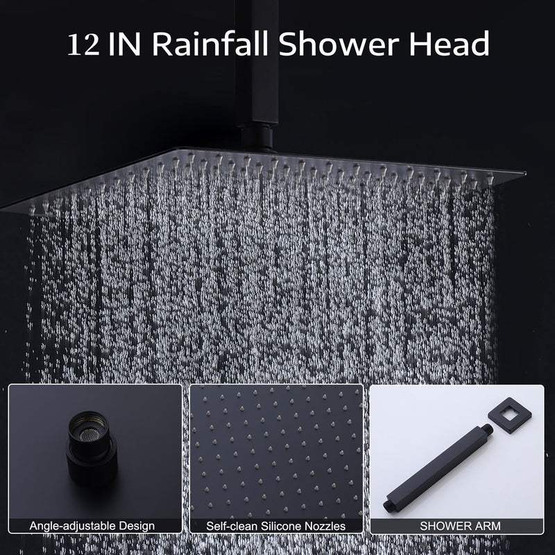 Contemporary Shower System With 12" Rainfall Head And Handheld Spray, Wall Mounted - Matte Black