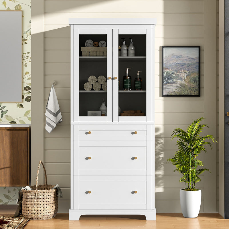 Freestanding Tall Bathroom Cabinet With 2 Adjustable Shelves, 3 Drawers, Soft Close Glass Doors - White