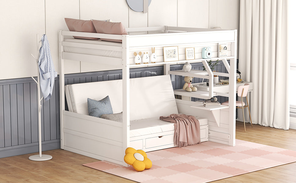 Wood Full Size Convertible Bunk Bed with Storage Staircase, Bedside Table, and 3 Drawers, White - Atlantic Fine Furniture Melbourne FL