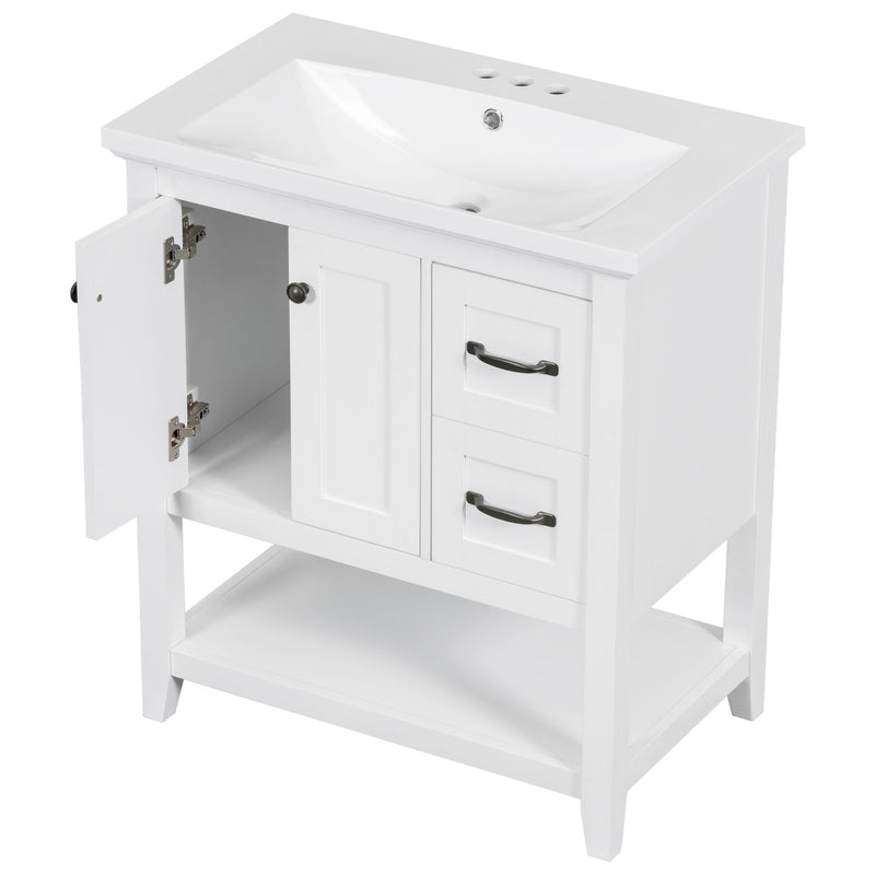 Bathroom Vanity With Ceramic Sink Top, Vanity Cabinet With Multi-Functional Drawer, Solid Wood Legs - White