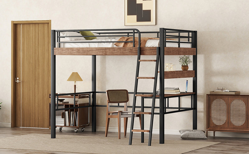 Metal Full Size Loft Bed with Built-in Desk, Storage Shelf and Ladder, Black
