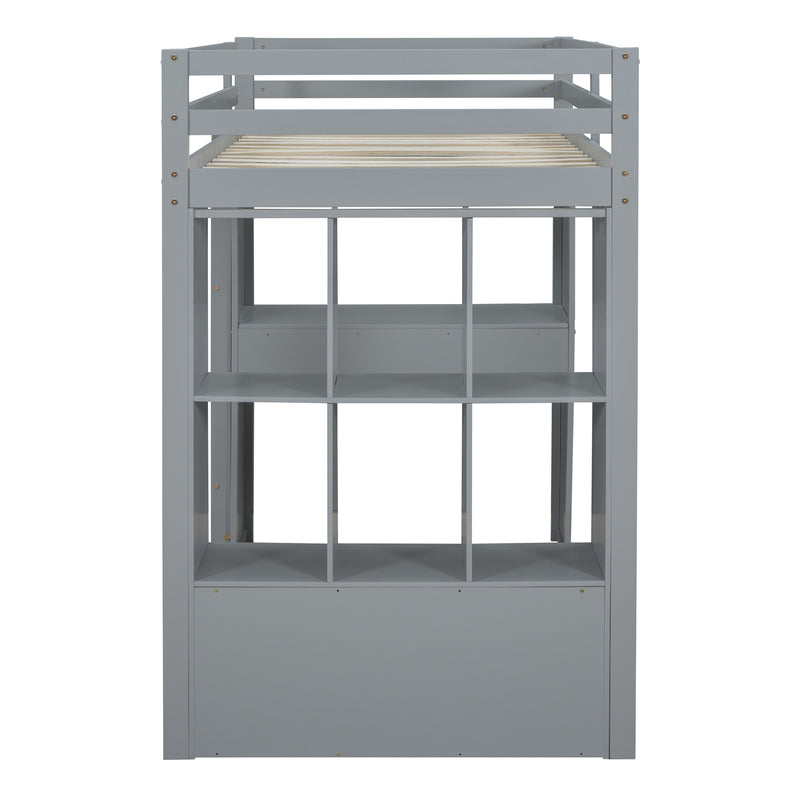 Full Size Loft Bed with large shelves, writing desk and LED Light, Gray
