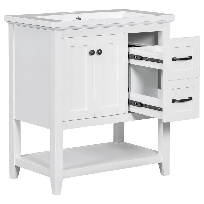 Bathroom Vanity With Ceramic Sink Top, Vanity Cabinet With Multi-Functional Drawer, Solid Wood Legs - White