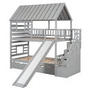 House Bunk Bed With Trundle, Storage Staircase, Roof And Window Design