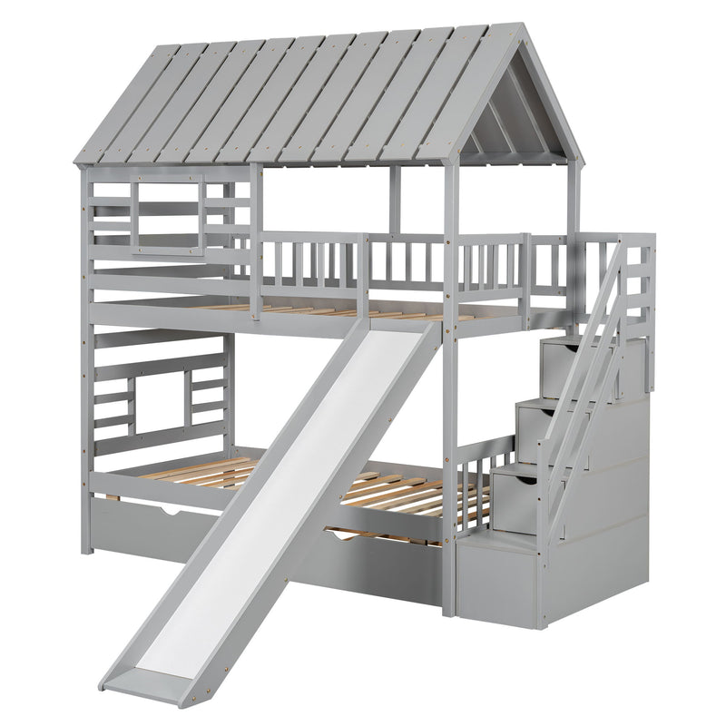 House Bunk Bed With Trundle, Storage Staircase, Roof And Window Design