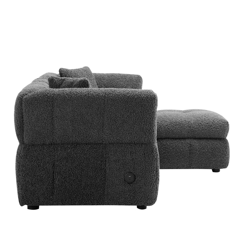 Sectional Sofa Cozy Teddy Fleece Sectional Sofa Couch With Two USB Ports A Movable Storage Ottoman And Two Lumbar Pillows For Living Room