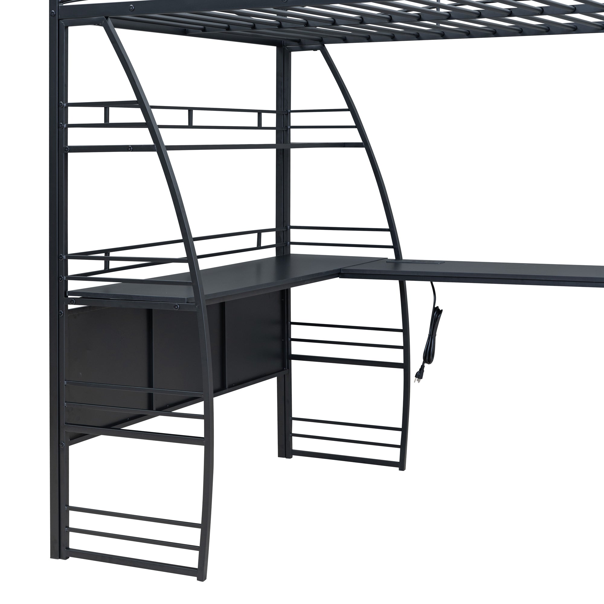 Full Size Loft Bed with 4 Layers of Shelves and L-shaped Desk, Stylish Metal Frame Bed with a set of Sockets, USB Ports and Wireless Charging, Black - Atlantic Fine Furniture Melbourne FL