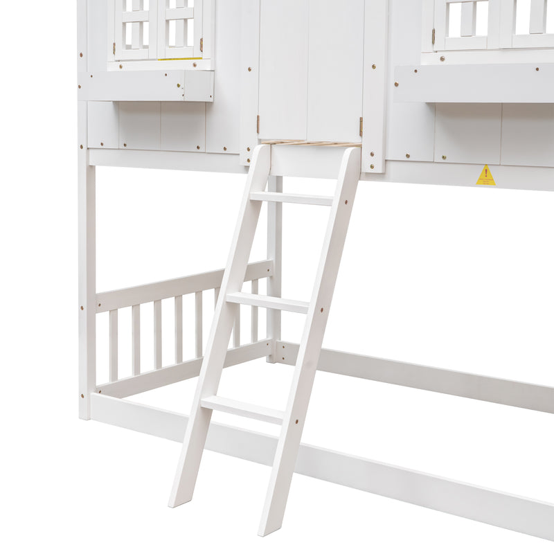 Twin over Twin House Bunk Bed with Roof , Window, Window  Box, Door , with Safety Guardrails and Ladder,White