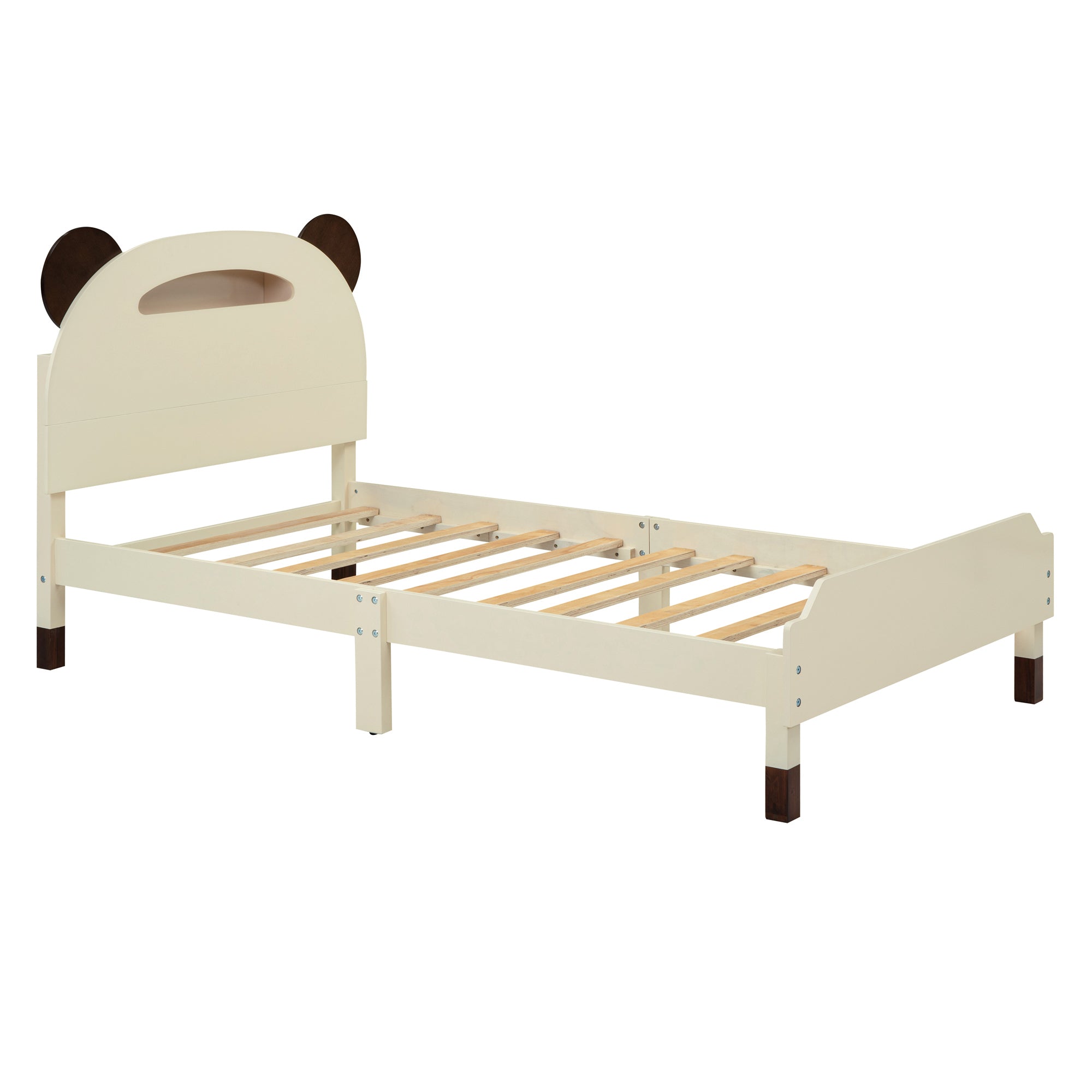 Twin Size Wood Platform Bed with Bear-shaped Headboard,Bed with Motion Activated Night Lights,Cream+Walnut - Atlantic Fine Furniture Melbourne FL
