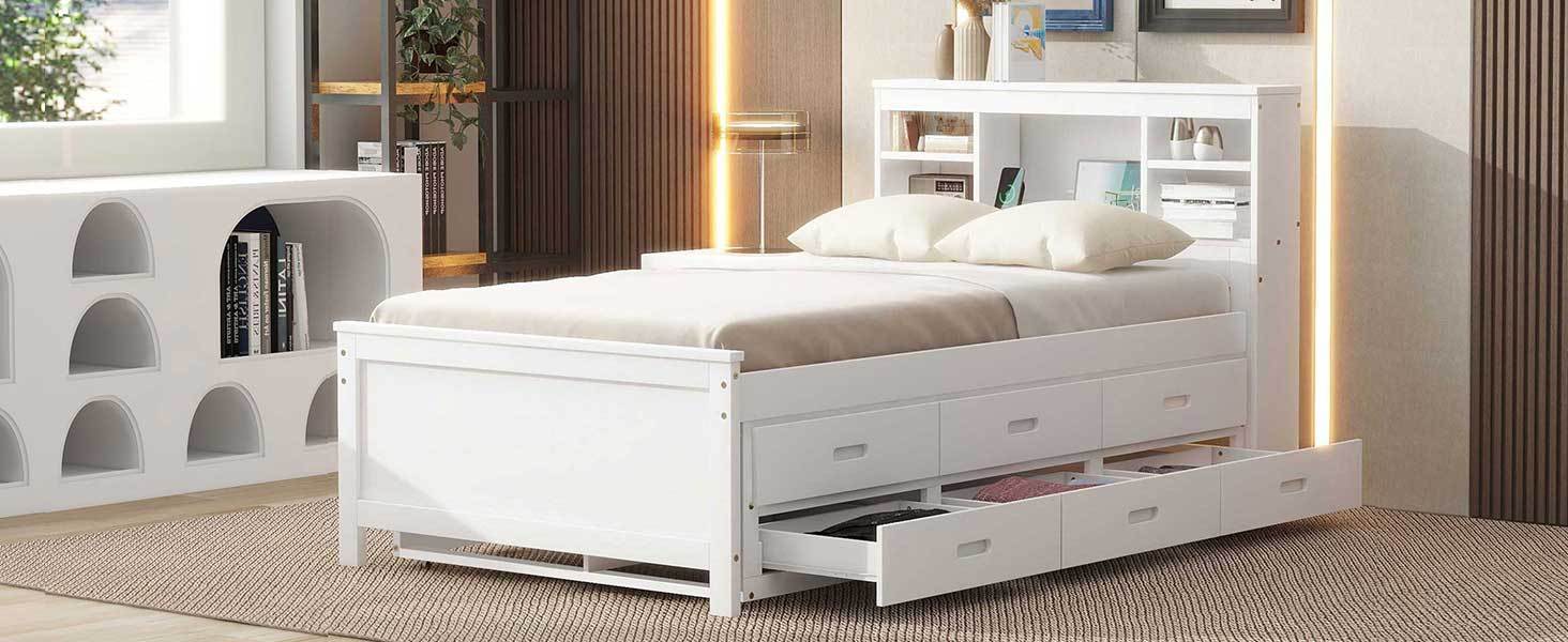Twin Size Platform Bed with Storage Headboard, USB, Twin Size Trundle and 3 Drawers, White - Atlantic Fine Furniture Melbourne FL