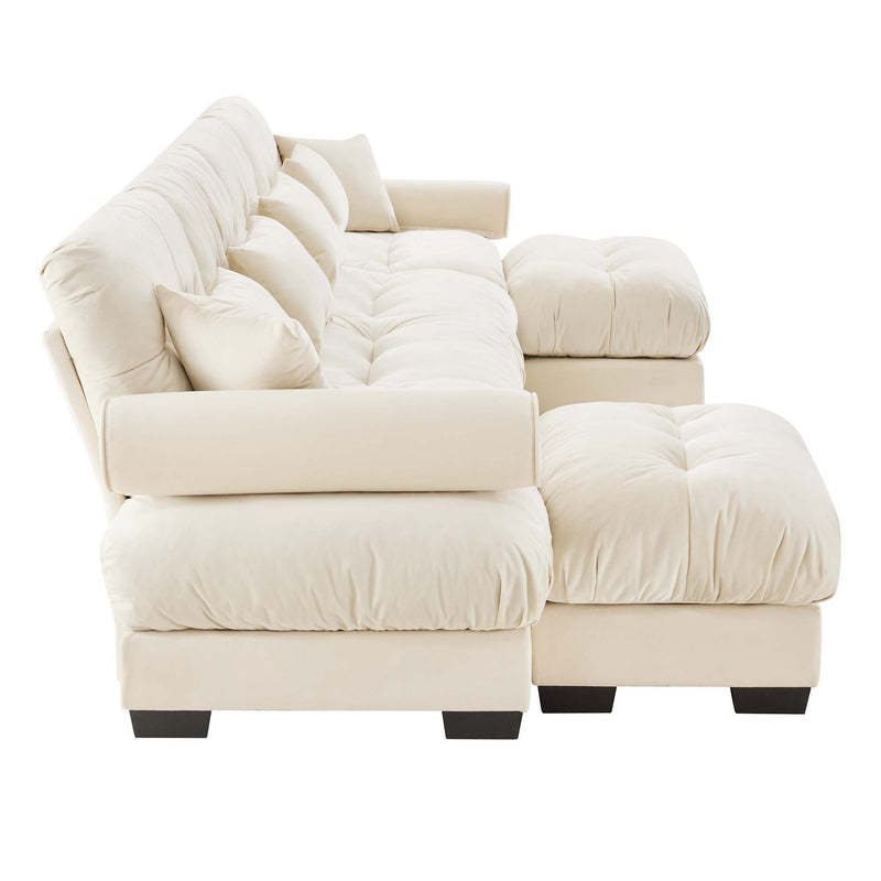 Modern Sectional Sofa With Ottoman, Round Bolster Armrests, Waist And Throw Pillows