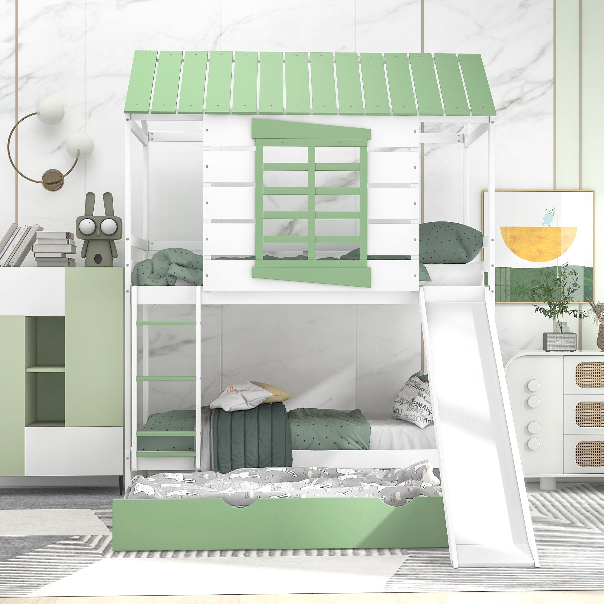 Twin over Twin Size House Bunk Bed with Convertible Slide and Trundle, White+Green - Atlantic Fine Furniture Melbourne FL