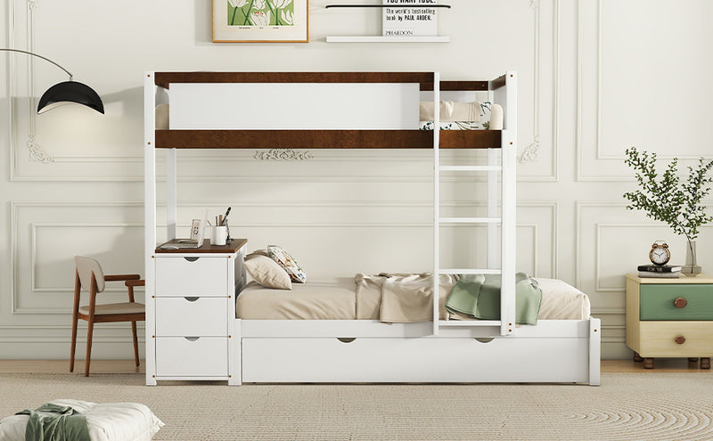 Twin-Over-Twin Bunk Bed with Twin size Trundle, Storage and Desk, White+Walnut