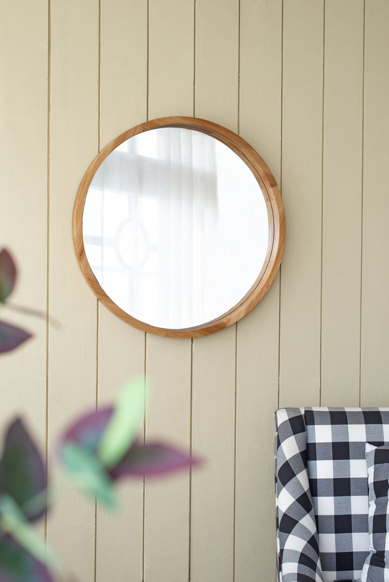 Wood Round Mirror, Farmhouse Decor Style Circle Wall Mirror For Living Room Bathroom Entryway - Brown