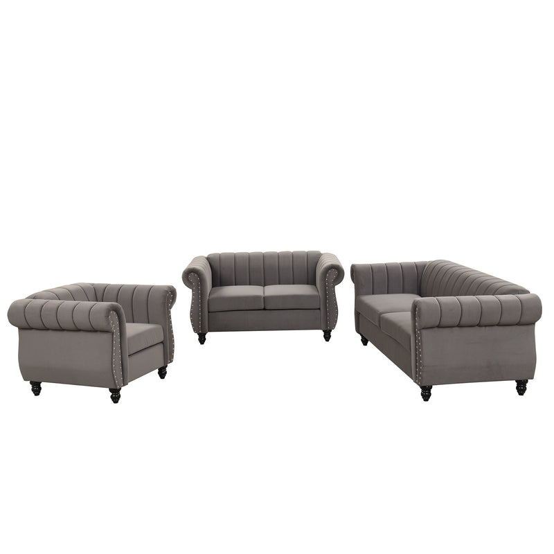 Modern Three Piece Sofa Set With Solid Wood Legs, Buttoned Tufted Backrest - Frosted Velvet Upholstered Sofa Set Including Three Seater Sofa, Double Seater And Living Room Furniture Set Single Chair