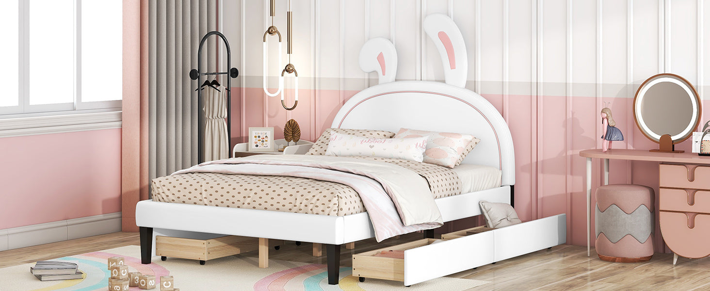 Full Size Upholstered Leather Platform Bed with Rabbit Ornament and 4 Drawers, White - Atlantic Fine Furniture Melbourne FL