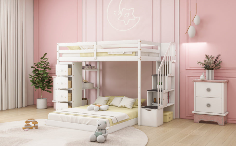 Twin Over Full Bunk Bed with 3-layer Shelves, Drawers and Storage Stairs, White - Atlantic Fine Furniture Melbourne FL