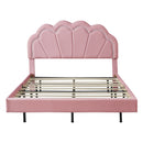 Full Upholstered Smart LED Bed Frame with Elegant Flowers Headboard,Floating Velvet Platform LED Bed with Wooden Slats Support,Pink