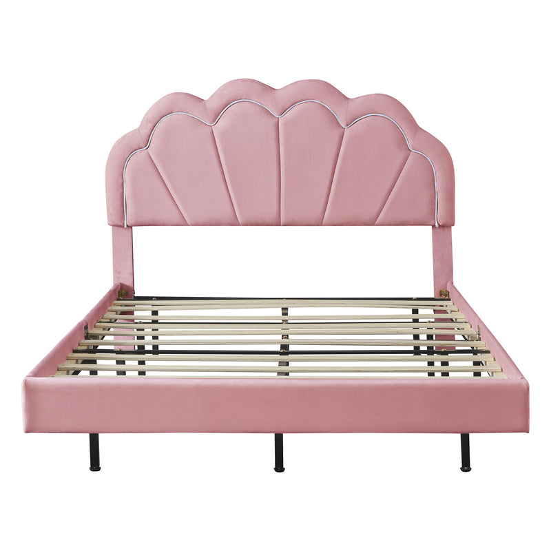 Full Upholstered Smart LED Bed Frame with Elegant Flowers Headboard,Floating Velvet Platform LED Bed with Wooden Slats Support,Pink