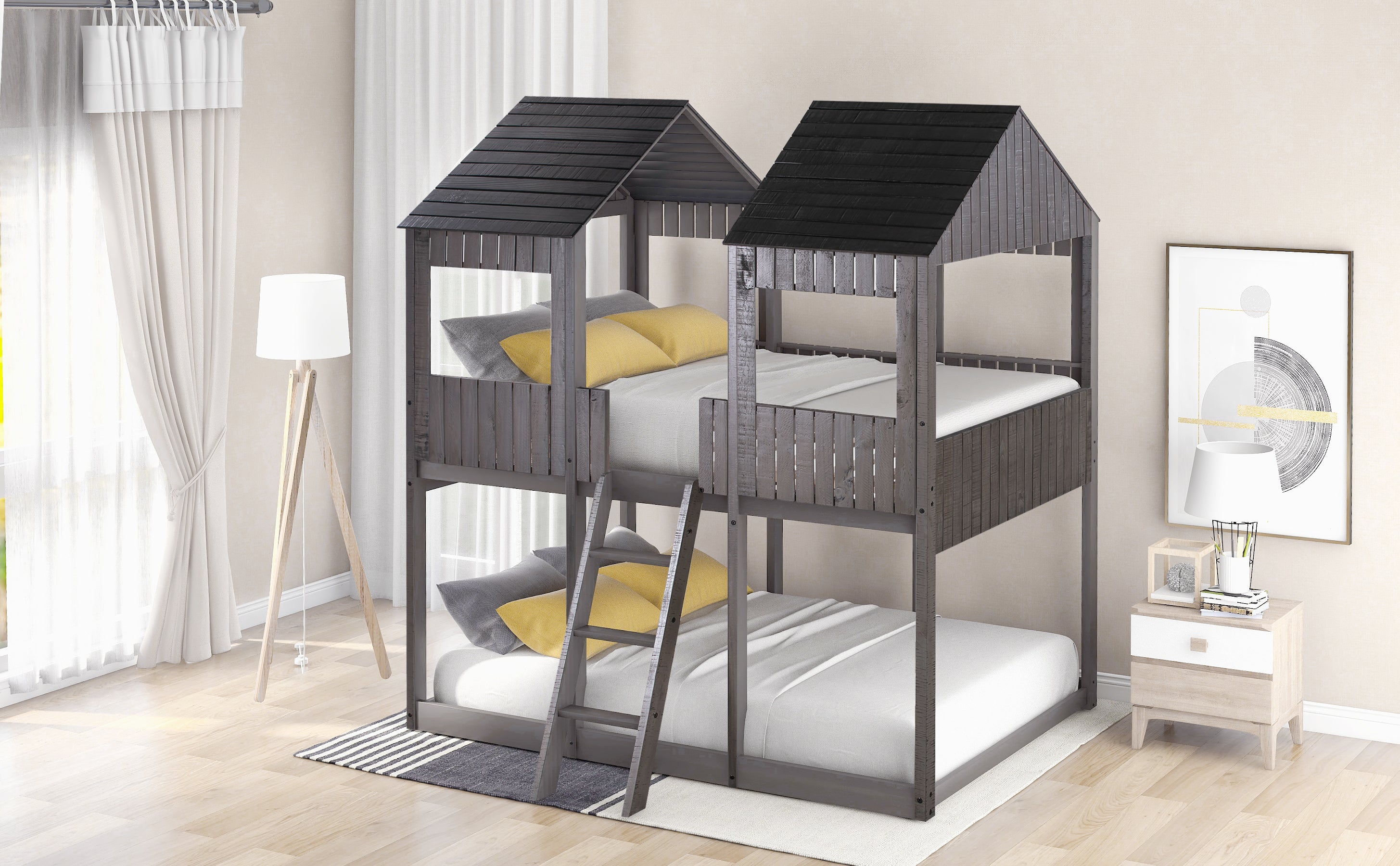 Full Over Full WoodBunk Bed with Roof, Window, Guardrail, Ladder(Antique Gray)( old sku: LT000031AAE ) - Atlantic Fine Furniture Melbourne FL