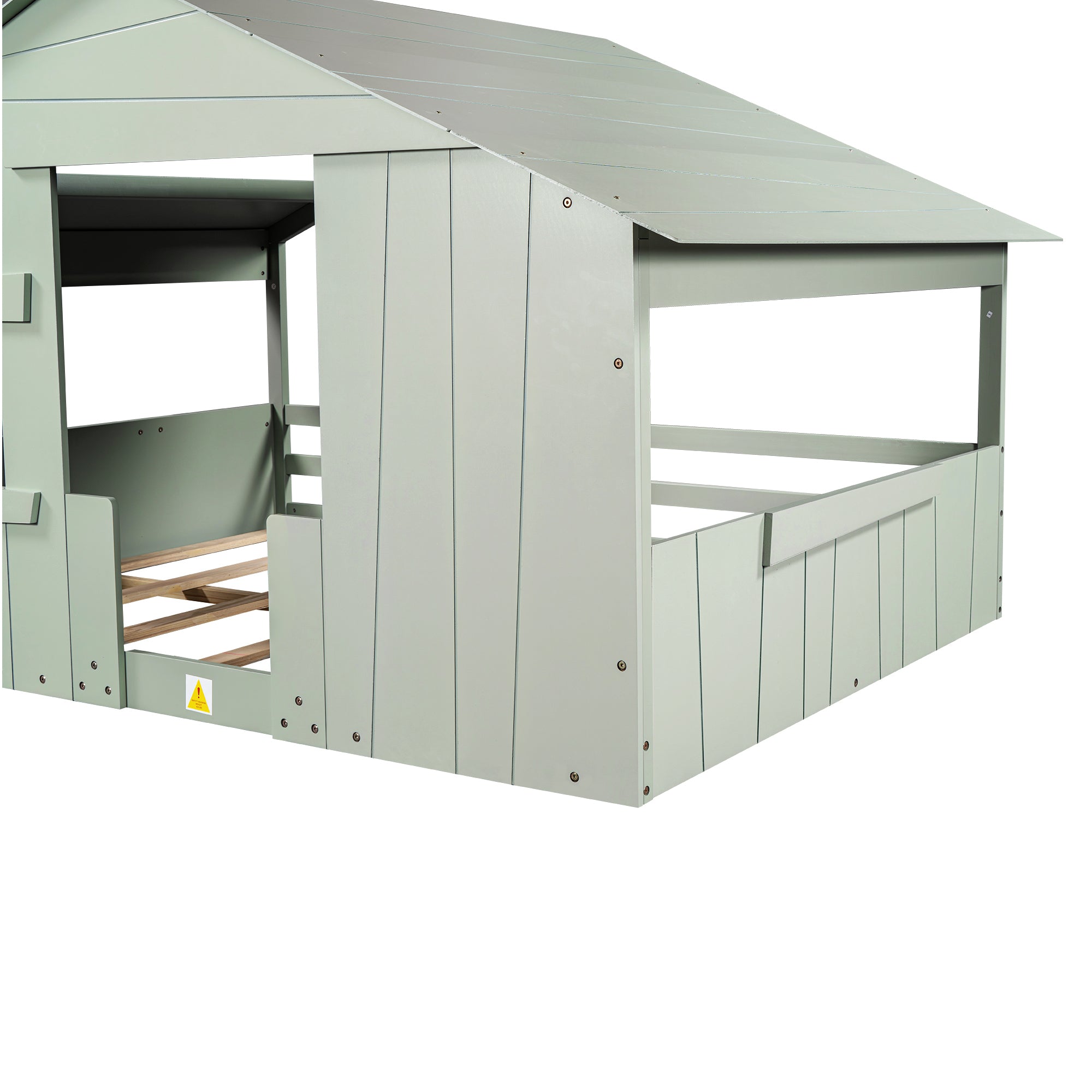 Wood Full Size House Bed with Roof, Window and Guardrail, Light Green - Atlantic Fine Furniture Melbourne FL